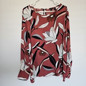 Ann Taylor | Floral Boat Neck Long Sleeve Blouse 70s Retro Womens XXL